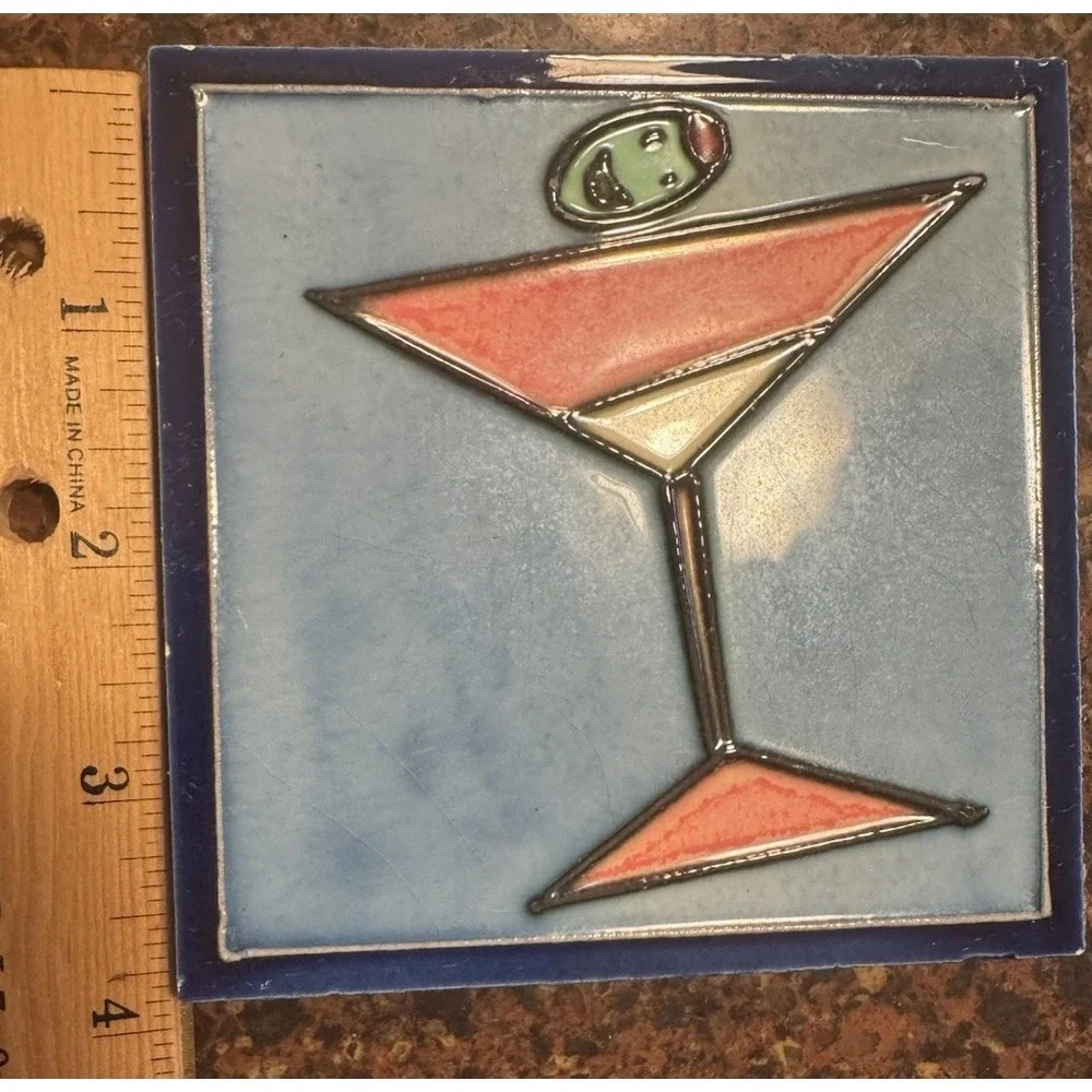 Set of 3 Mid-Century Retro Martini Glass Ceramic Tile Coasters Bar Decor